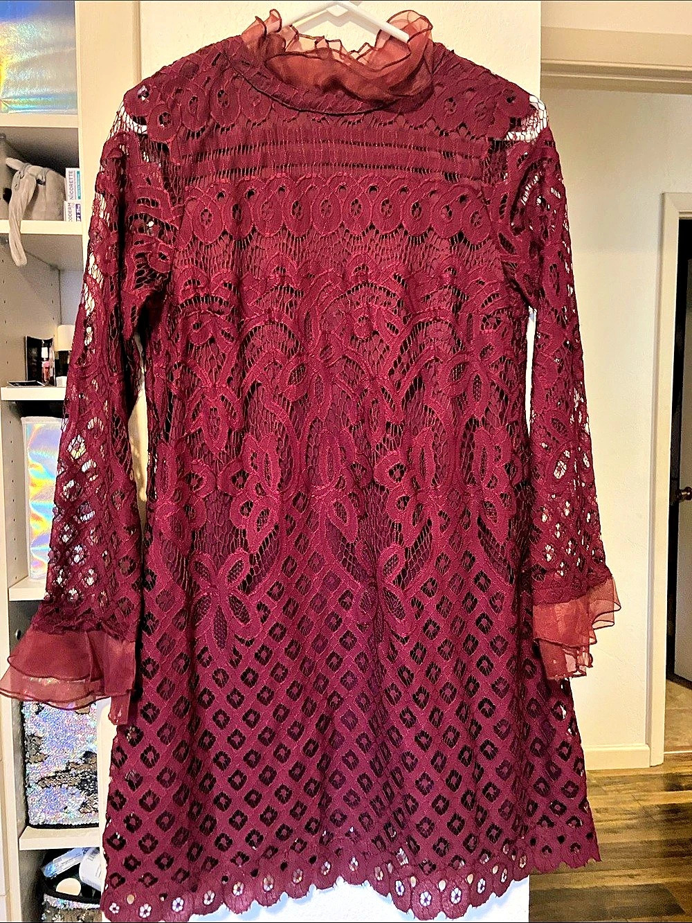Lulus Love and Joy Burgundy Lace Long Sleeve Shift Dress Shift Dress Small
